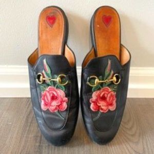 Gucci Princetown Horsebit Flower Embroidered Leather Loafer Mules size 38.5